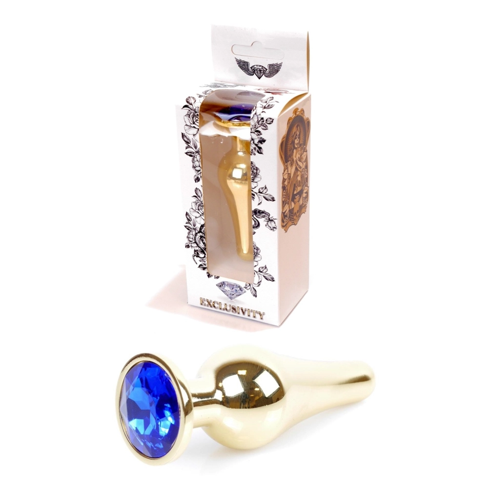 Dop anal metalic Boss Series Jewellery Gold cu bijuterie albastră, 9,5 cm